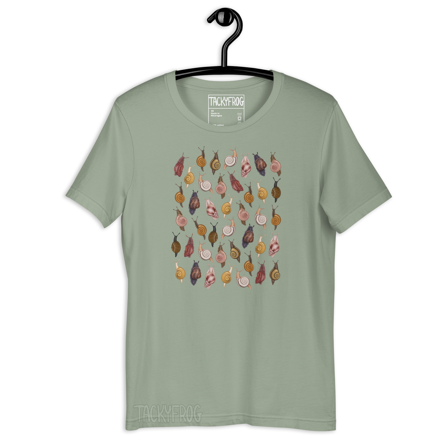 A mockup of the snail t-shirt in the color "sage".