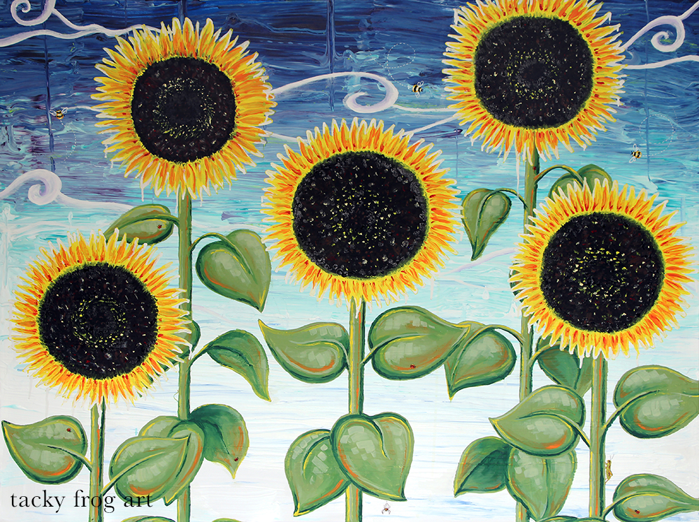 a painting of four sunflowers