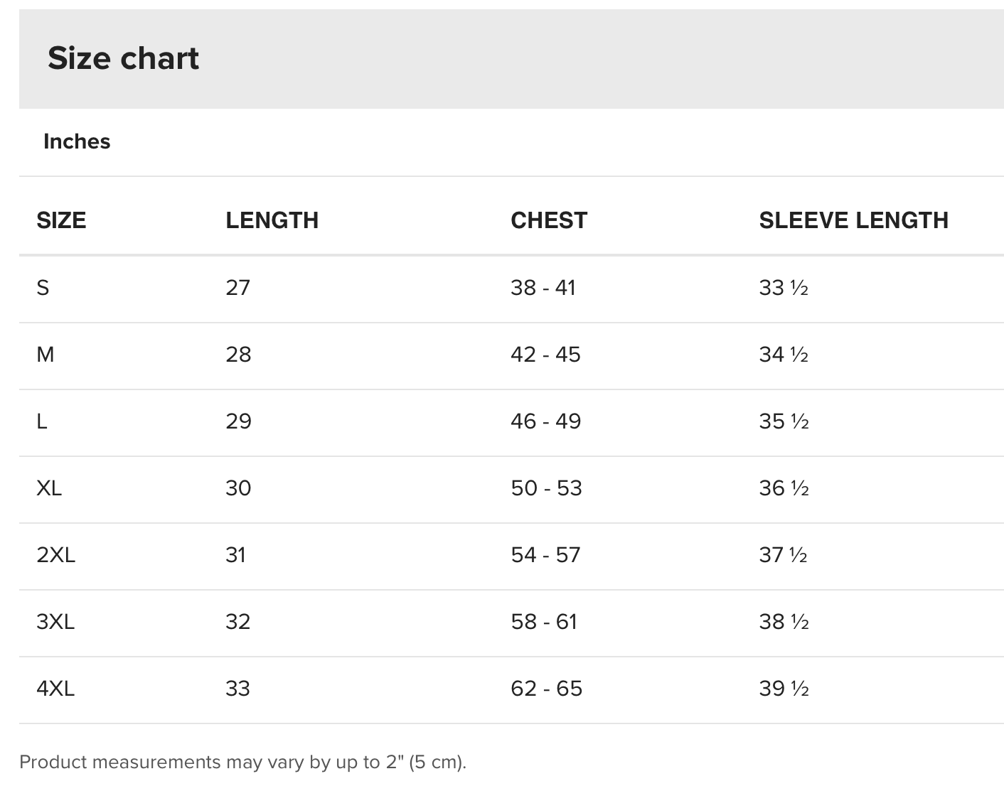 A size guide for the sweatshirt, which can also be found in the listing description.