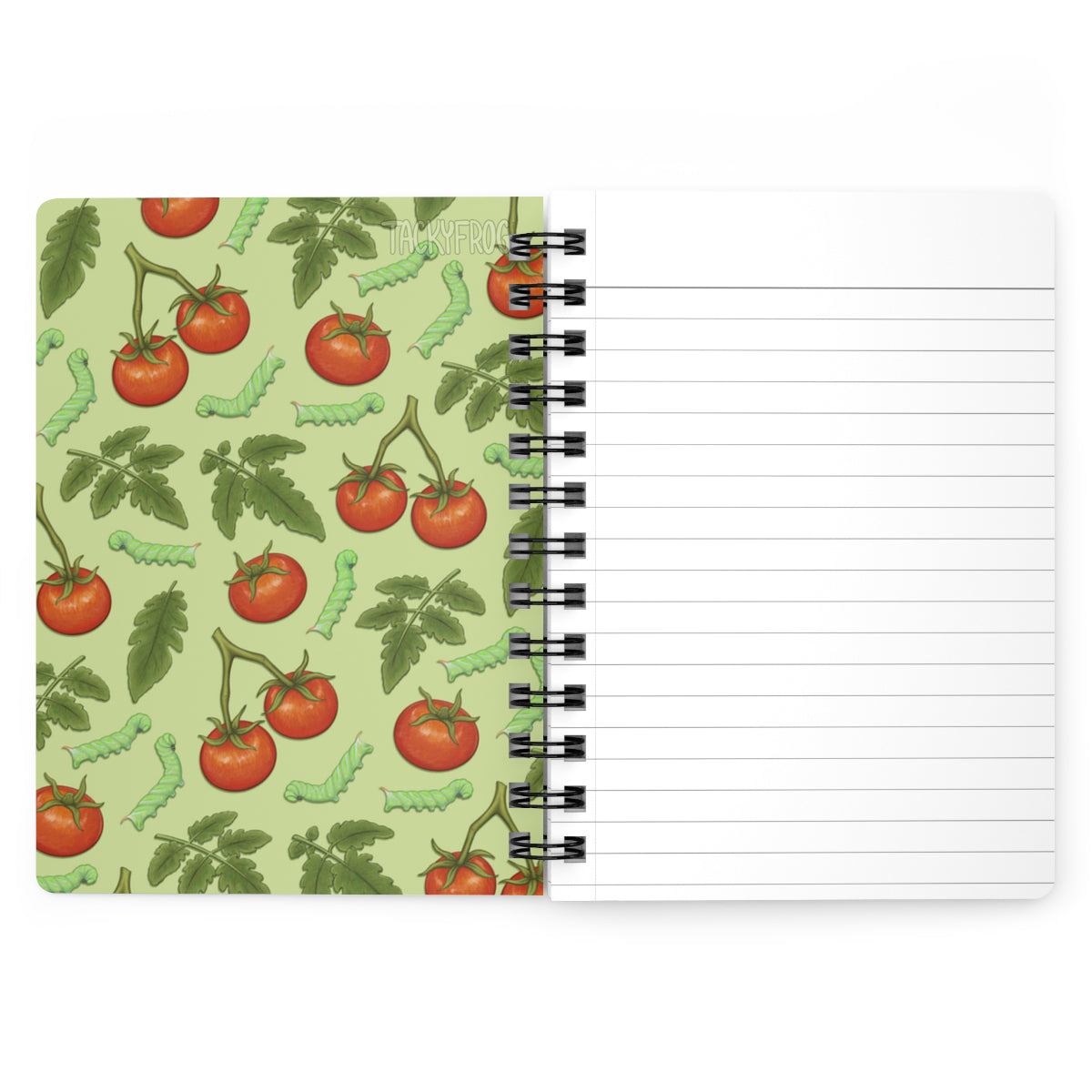 A mockup of the tomato hornworm caterpillar mini journal. The pages are ruled line.