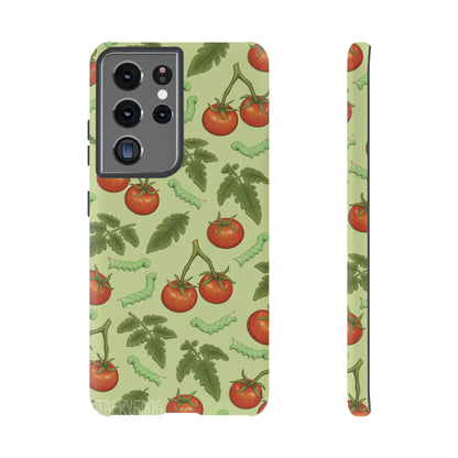 A mockup of the tomato hornworm caterpillar pattern phone case on an iPhone.