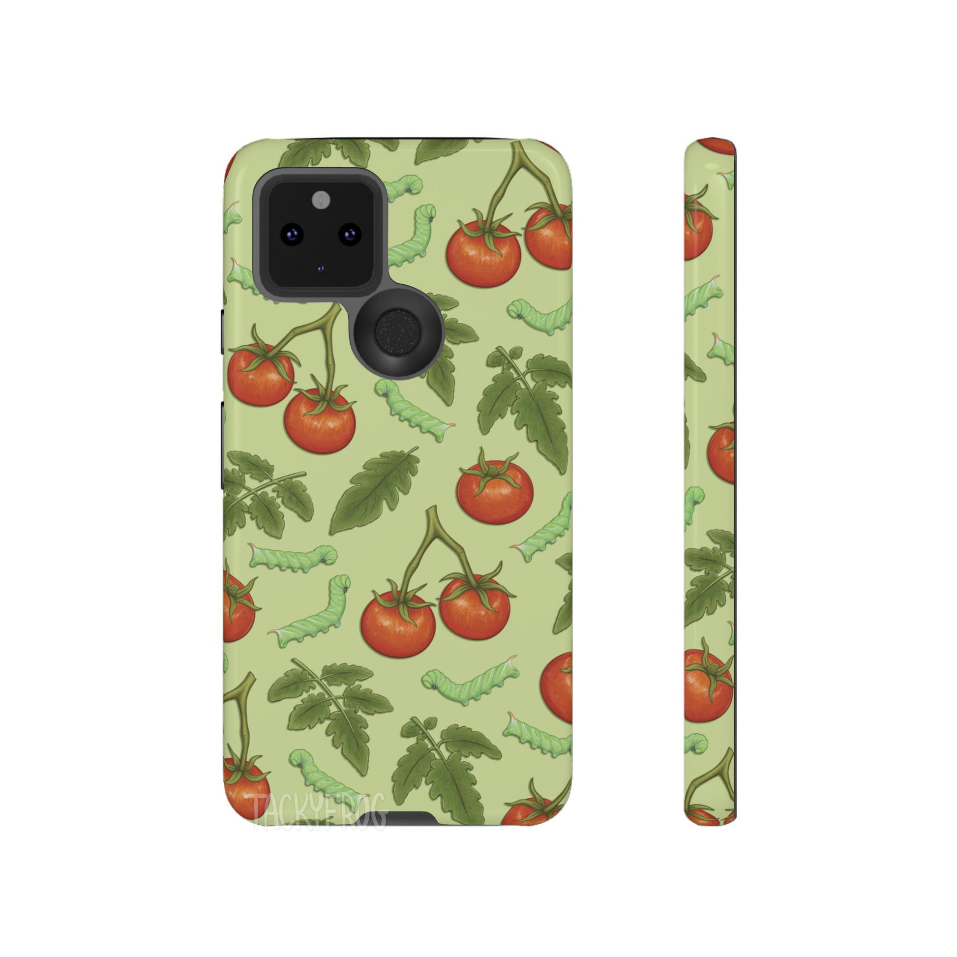 A mockup of the tomato hornworm caterpillar pattern phone case on an iPhone.