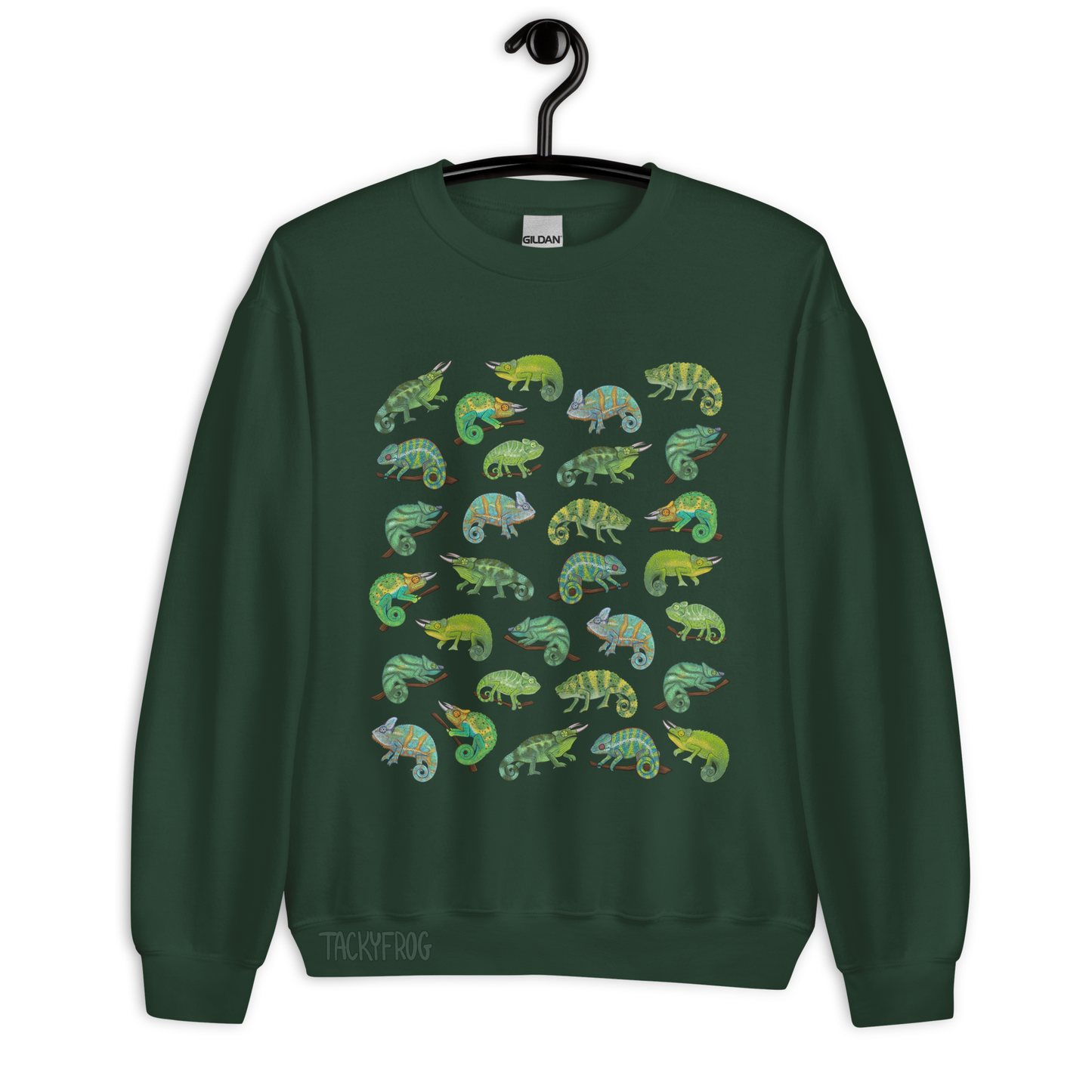 A mockup of the chameleon sweatshirt in the color "forest green".