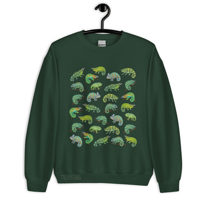 A mockup of the chameleon sweatshirt in the color "forest green".