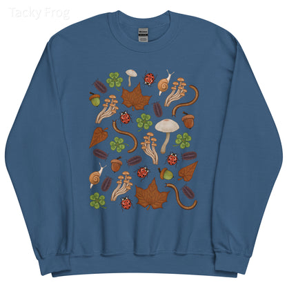 A mockup of the backyard finds sweatshirt in the color "indigo blue".