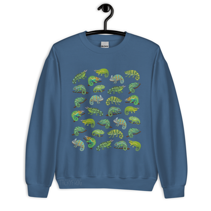 A mockup of the chameleon sweatshirt in the color "indigo blue".