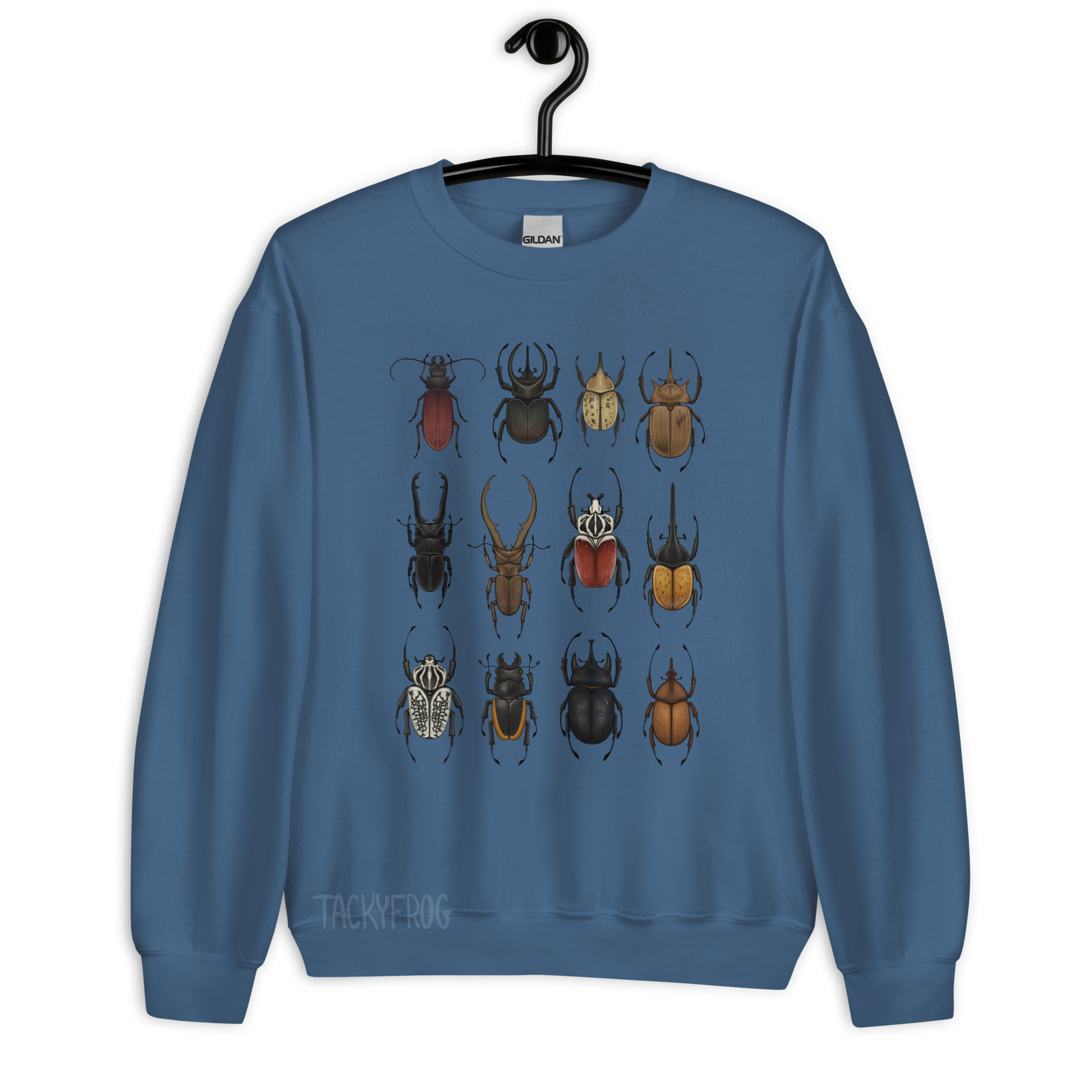 A mockup of the beetle sweatshirt in the color "indigo blue".