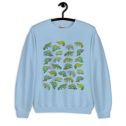 A mockup of the chameleon sweatshirt in the color "light blue".