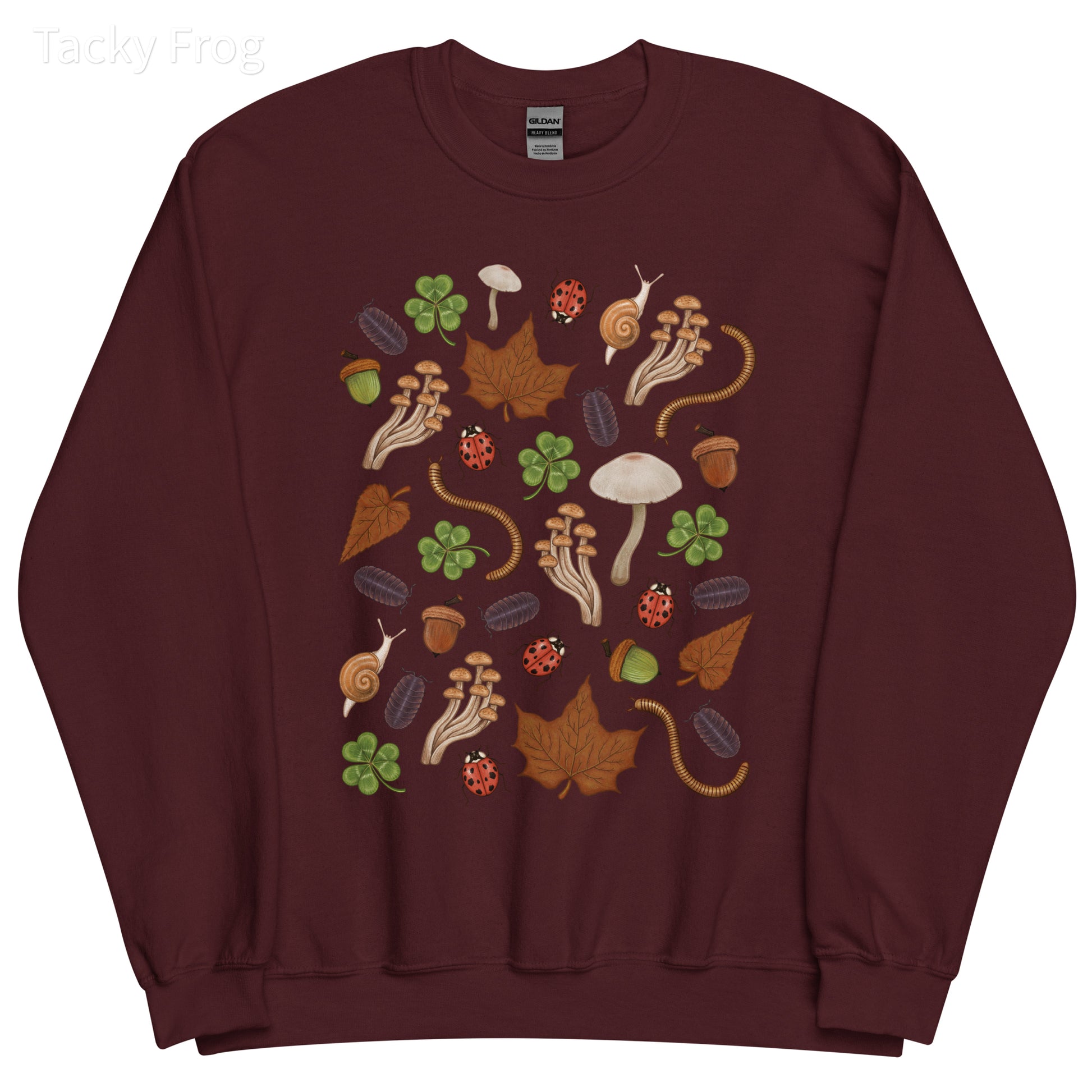 A mockup of the backyard finds sweatshirt in the color "maroon".