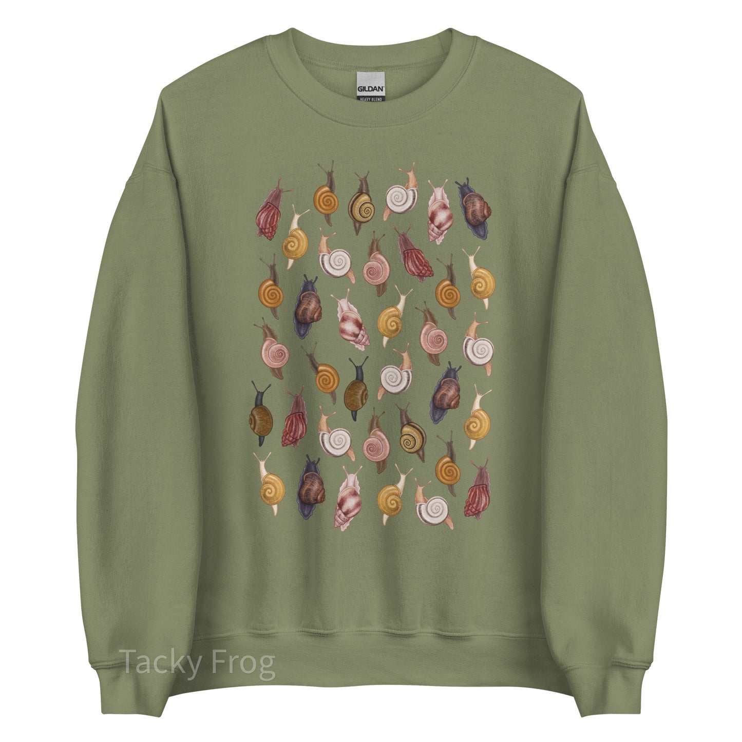 A mockup of the snails sweatshirt in the color "military green".