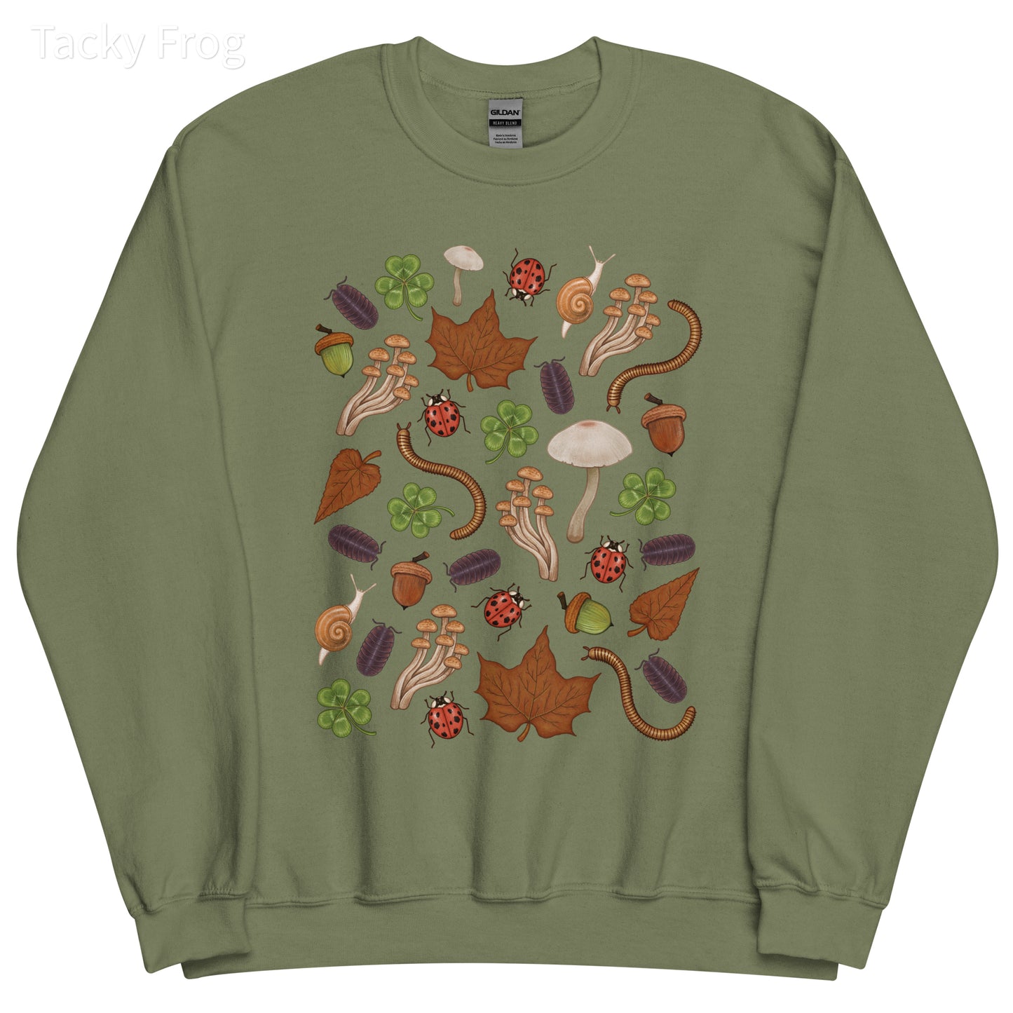 A mockup of the backyard finds sweatshirt in the color "military green".