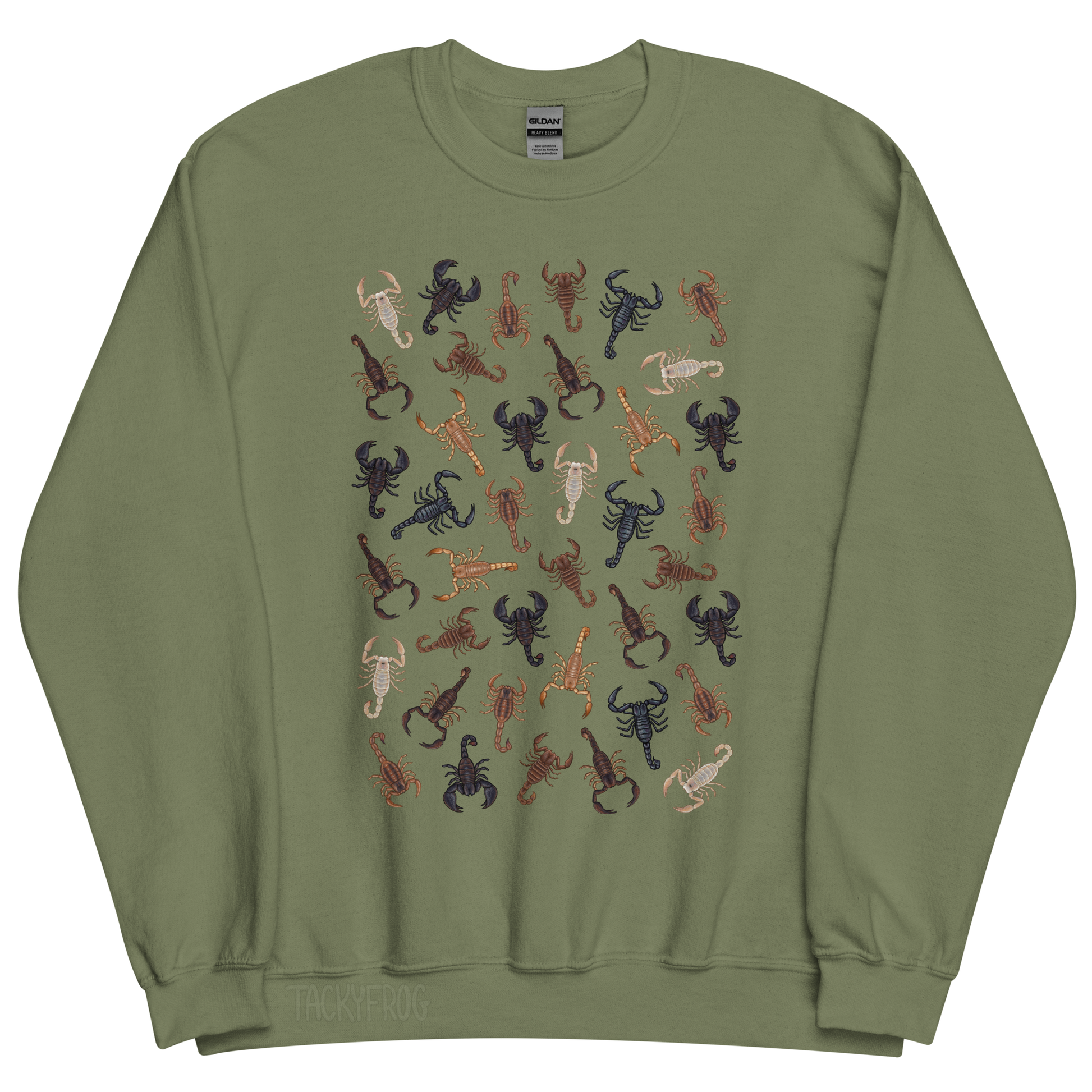 A mockup of the scorpion sweatshirt in the color "military green".