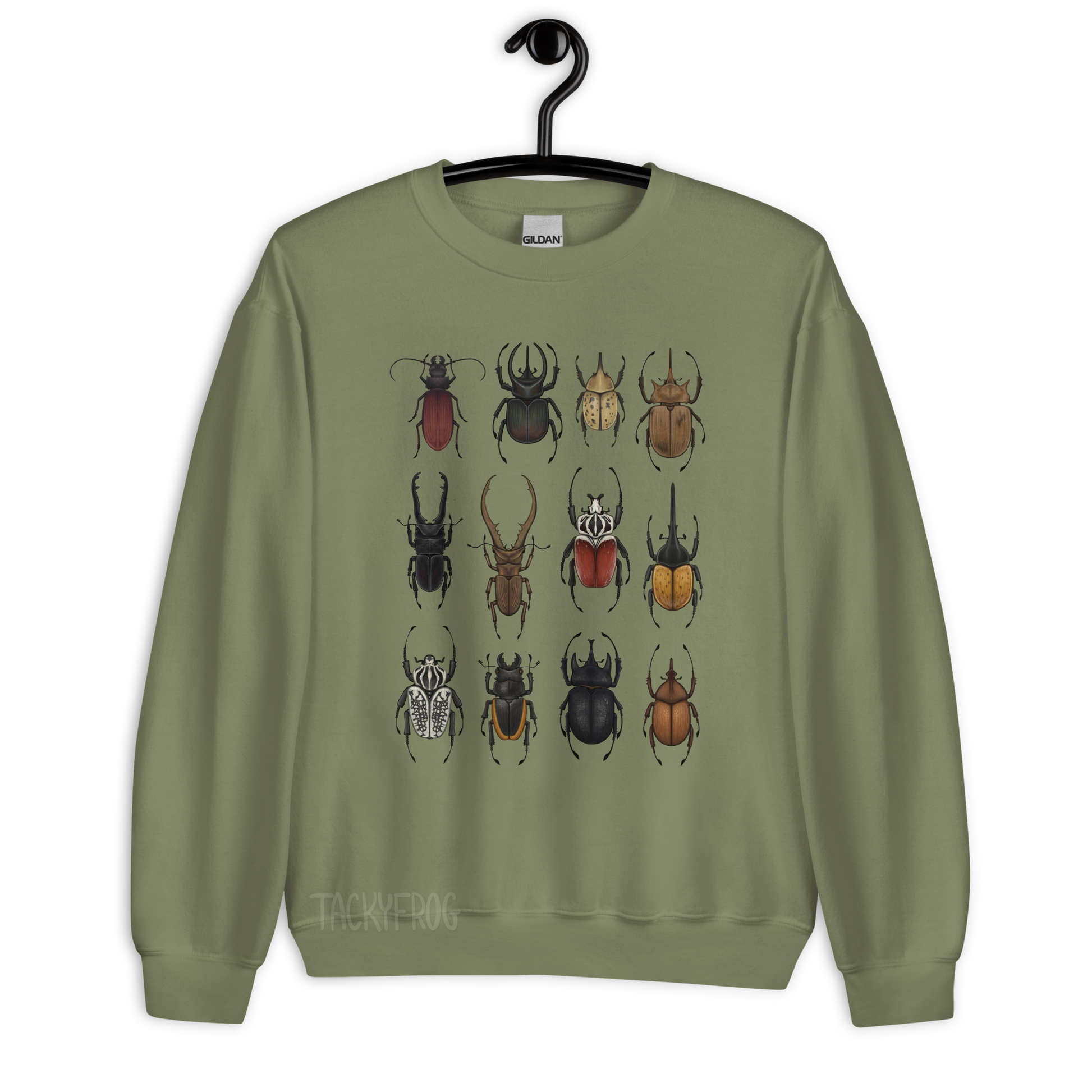 A mockup of the beetle sweatshirt in the color "military green".