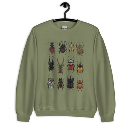 A mockup of the beetle sweatshirt in the color "military green".