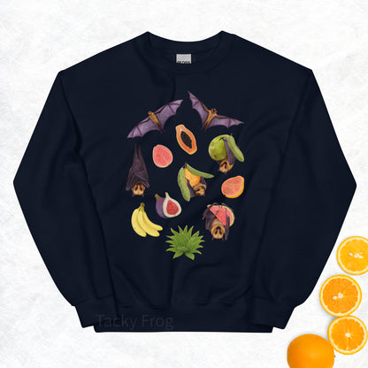 A mockup of the fruit bat sweatshirt in the color Navy. The mockup is surrounded by fruit.