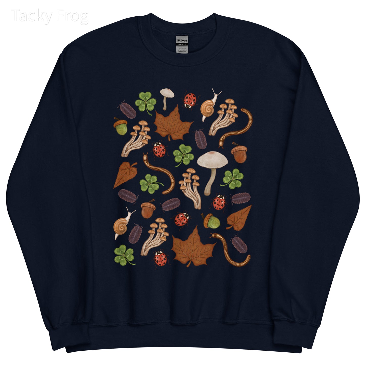 A mockup of the backyard finds sweatshirt in the color "navy".