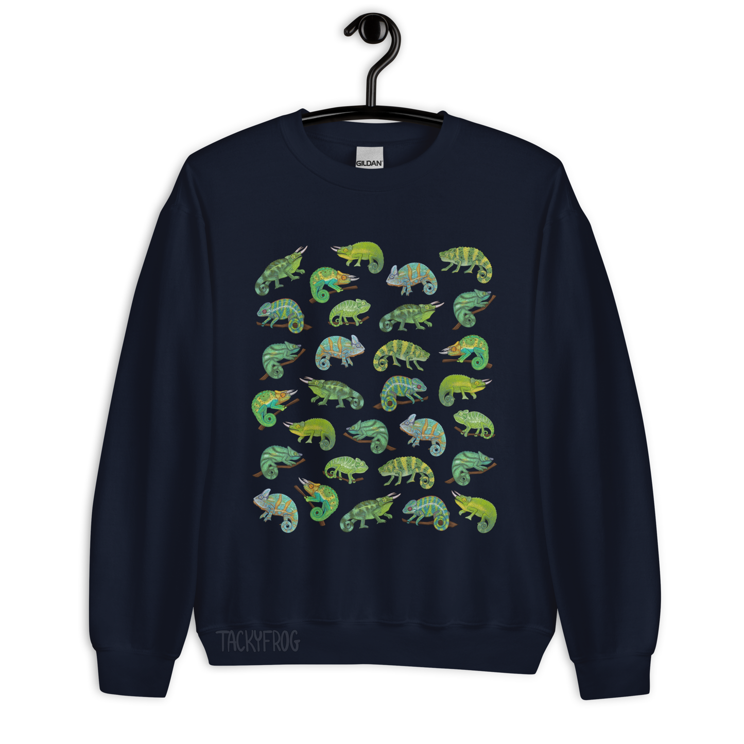 A mockup of the chameleon sweatshirt in the color "navy".