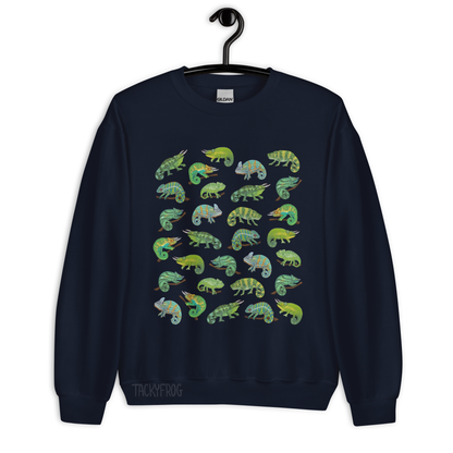 A mockup of the chameleon sweatshirt in the color "navy".