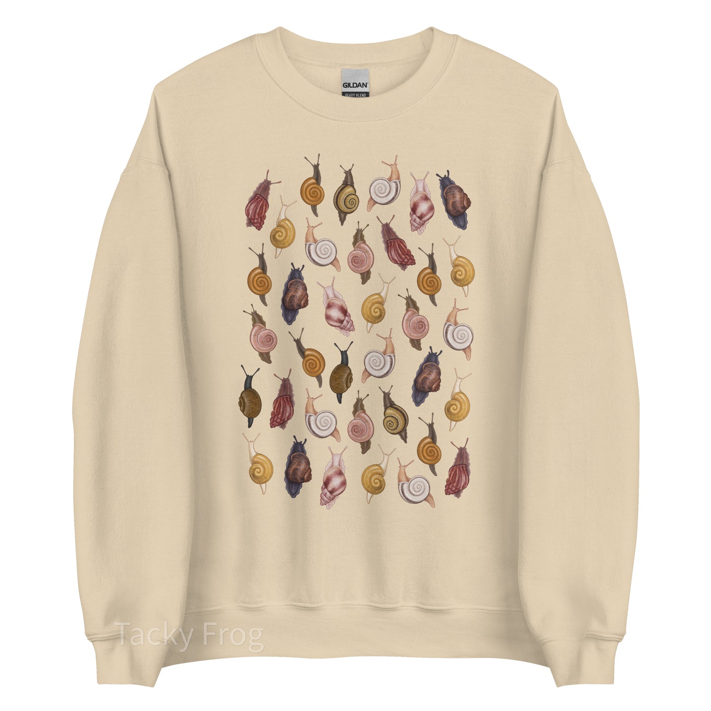 A mockup of the snails sweatshirt in the color "sand".