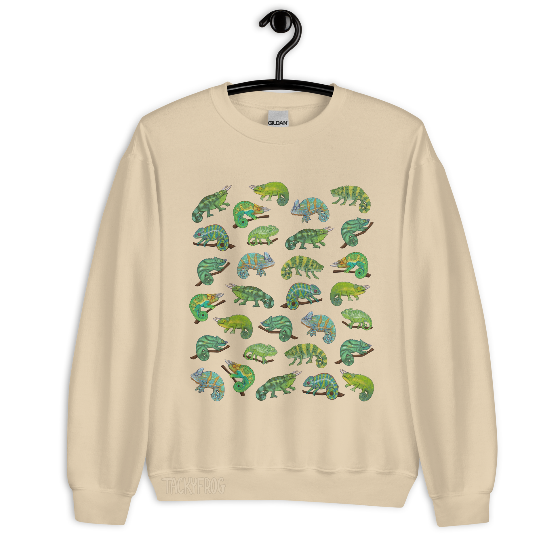 A mockup of the chameleon sweatshirt in the color "sand".