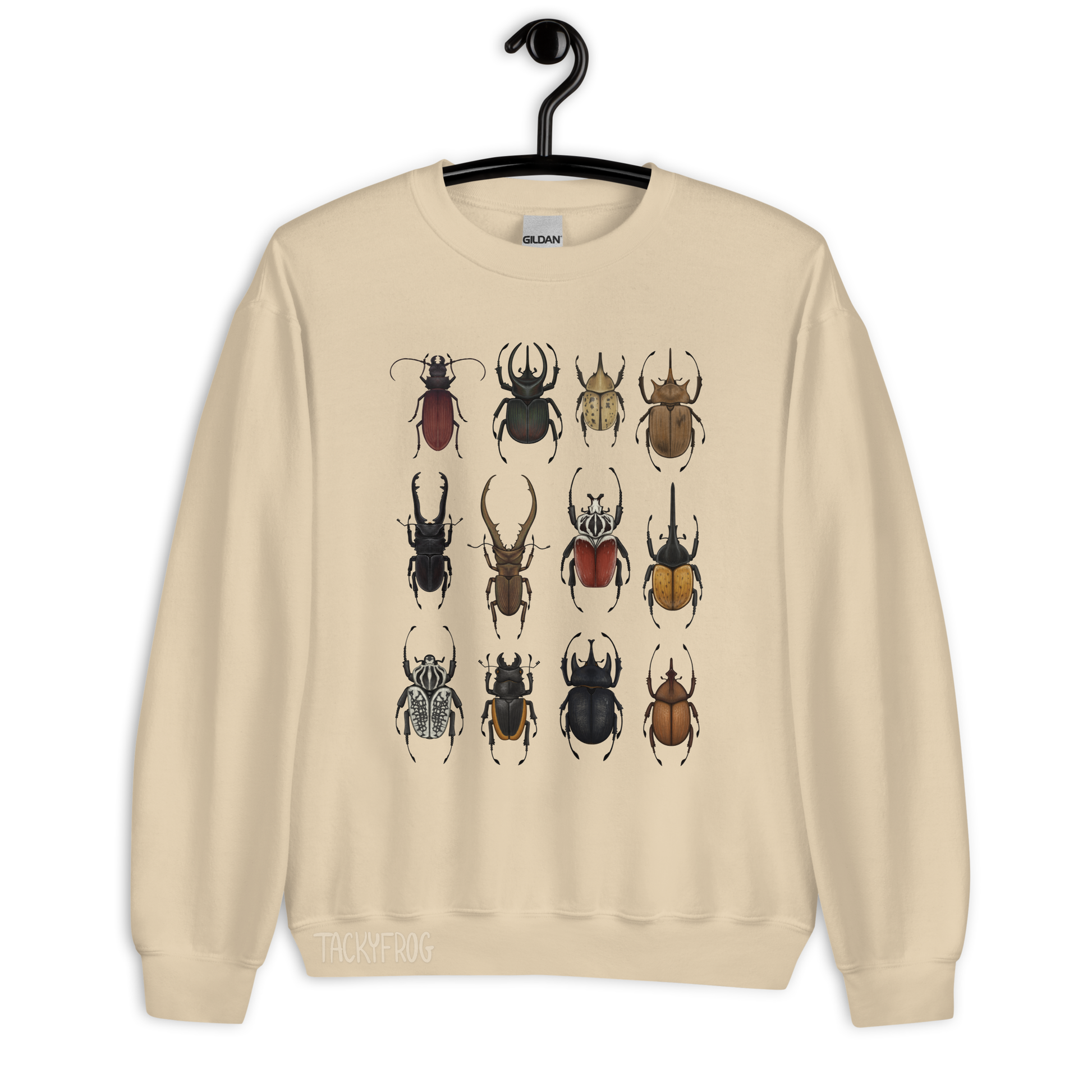 A mockup of the beetle sweatshirt in the color "sand".