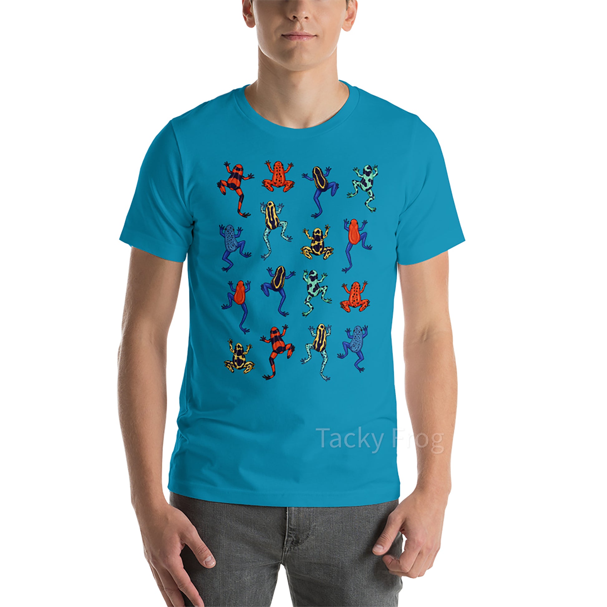 A mockup of the dart frog shirt in the color "aqua".