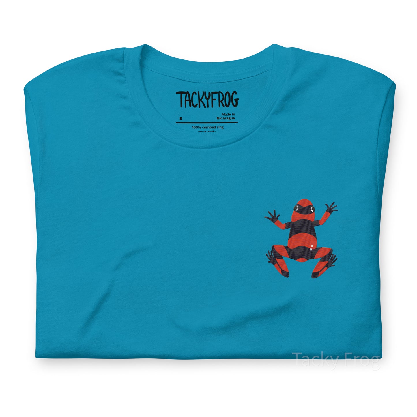 A mockup of the dart frog embroidered shirt in the color "aqua".