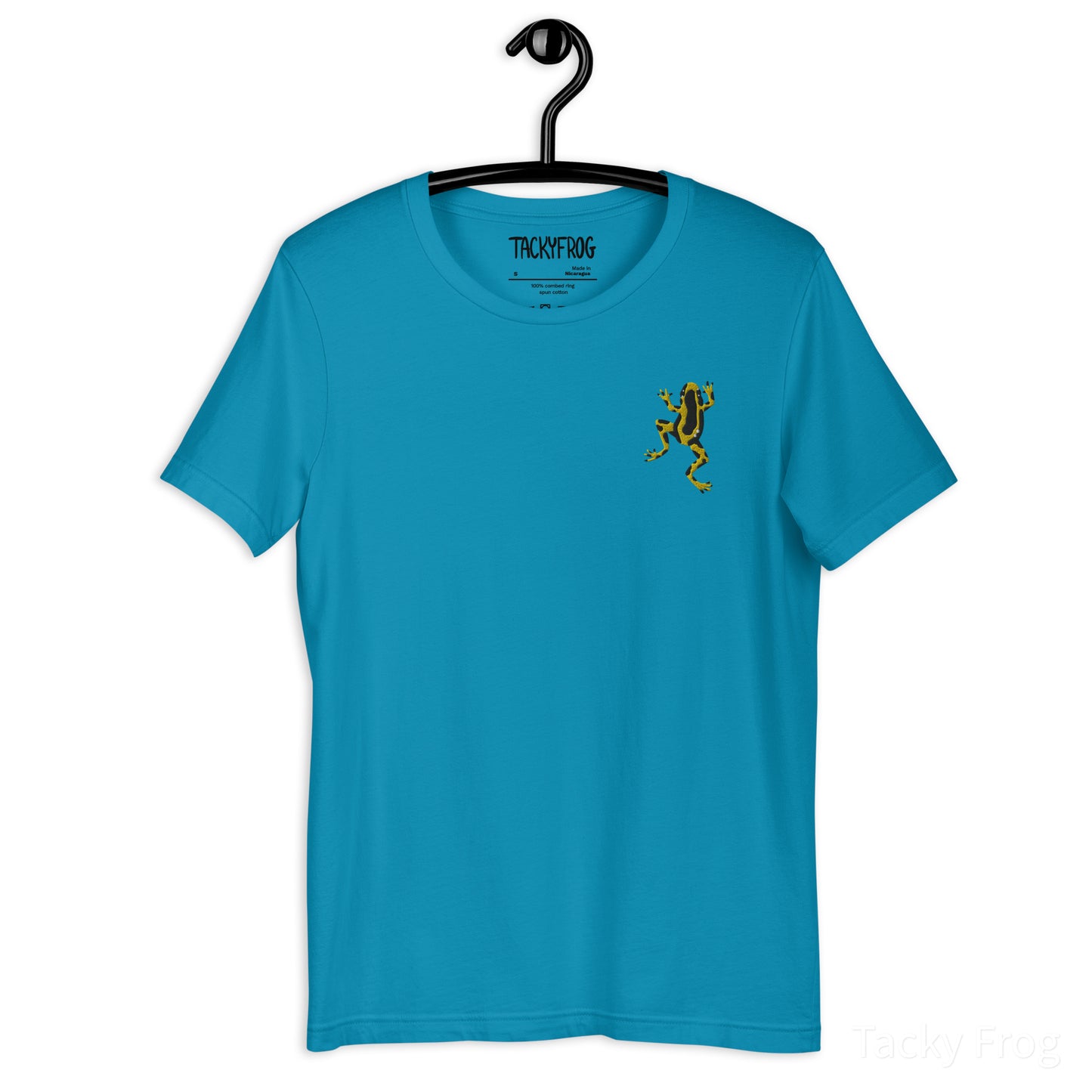 A mockup of the yellow dart frog embroidered shirt in the color "aqua".