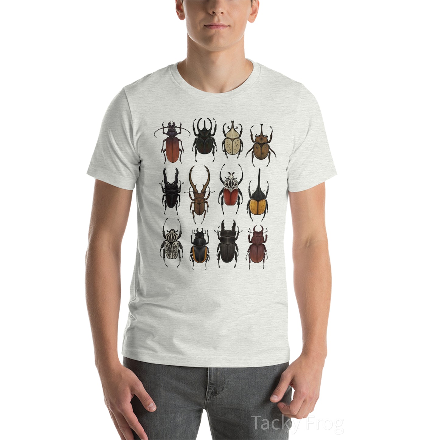 A mockup of the beetle unisex t-shirt in the color "Ash".