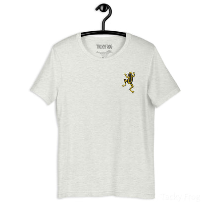 A mockup of the yellow dart frog embroidered shirt in the color "ash".