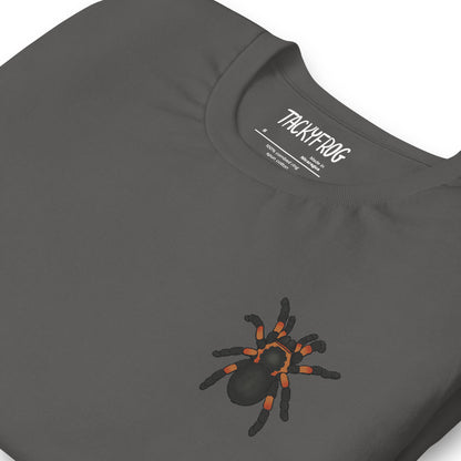 A mockup of the tarantula embroidered shirt in the color "asphalt".