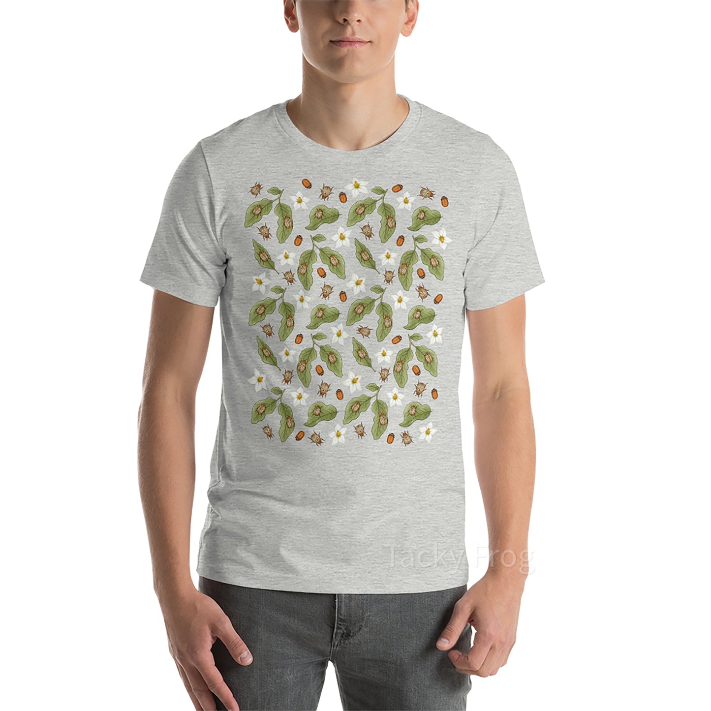 A mockup of the potato beetle shirt in the color "athletic heather".