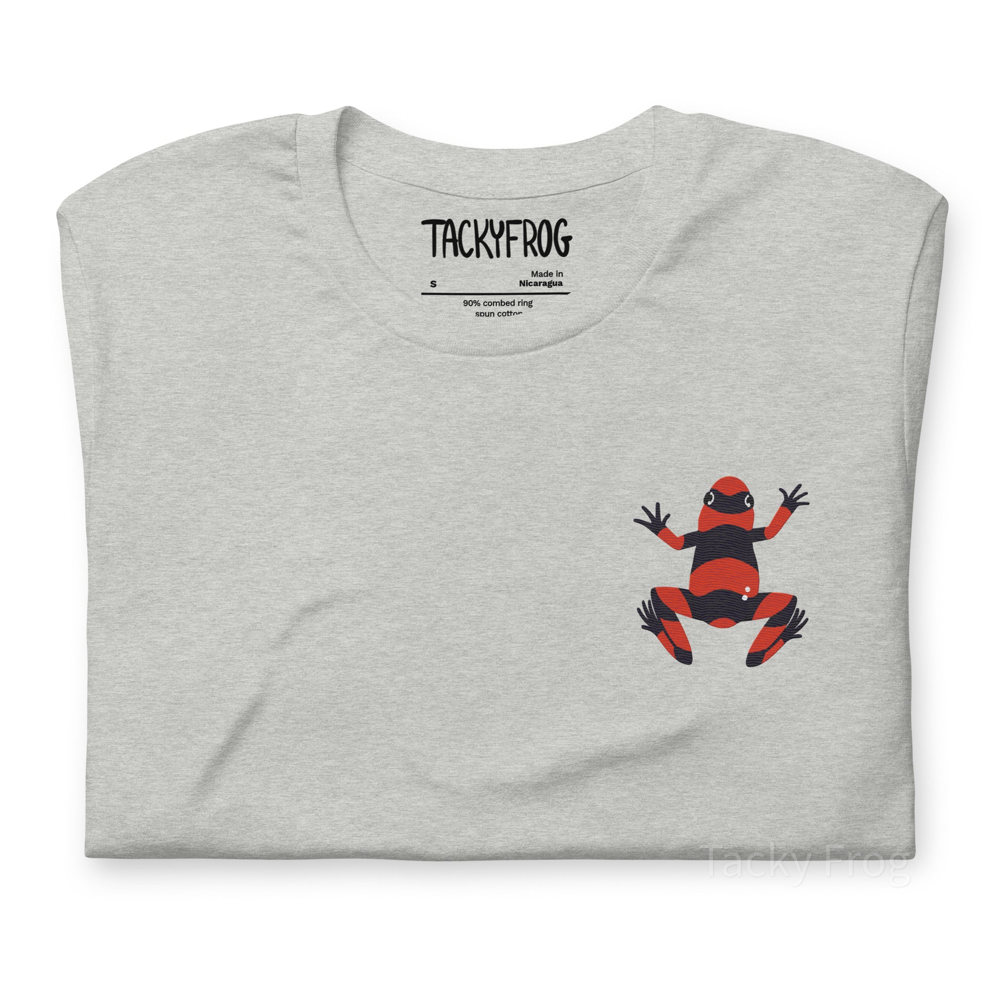 A mockup of the dart frog embroidered shirt in the color "athletic heather".