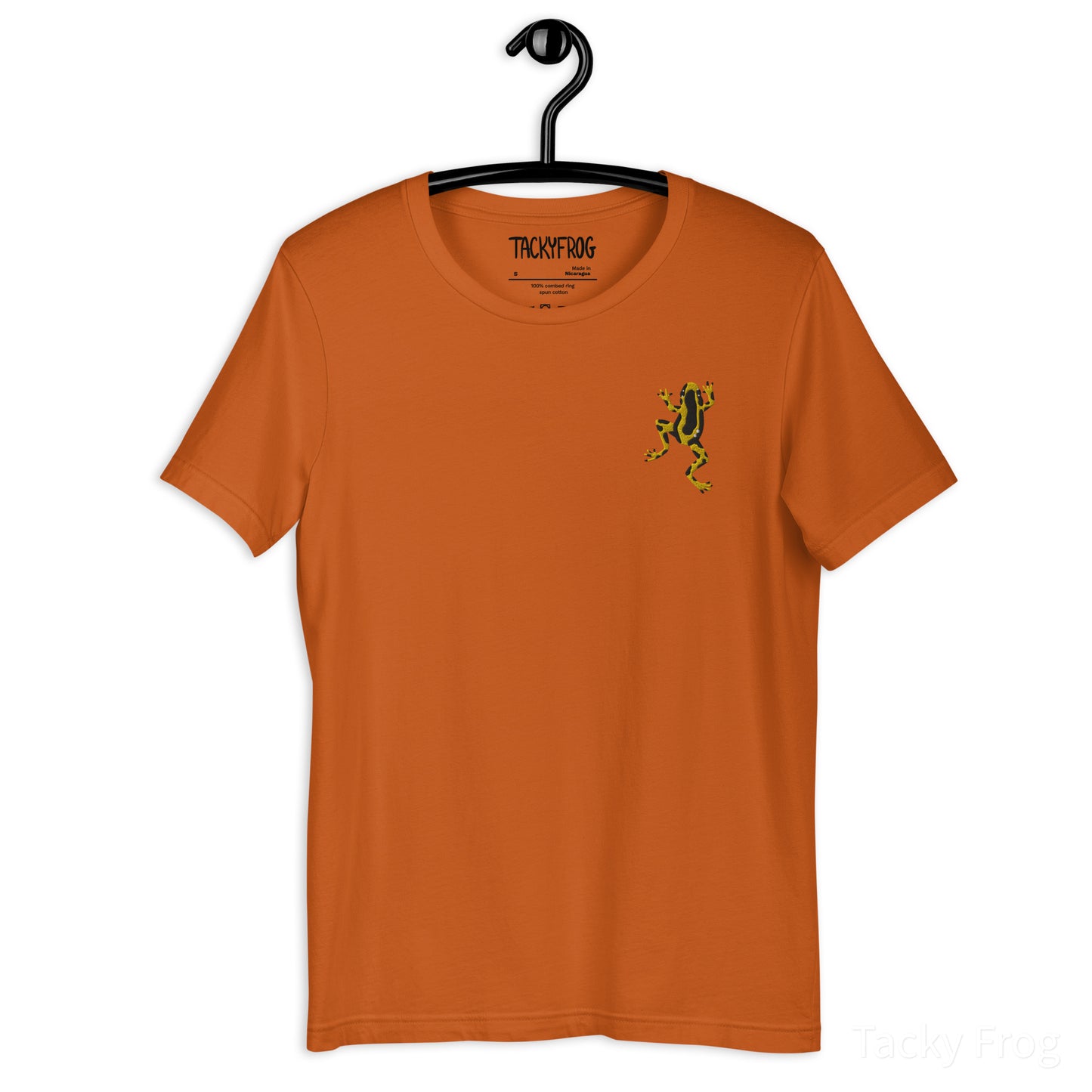 A mockup of the yellow dart frog embroidered shirt in the color "autumn".