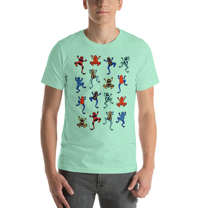 A mockup of the dart frog shirt in the color "heather mint".