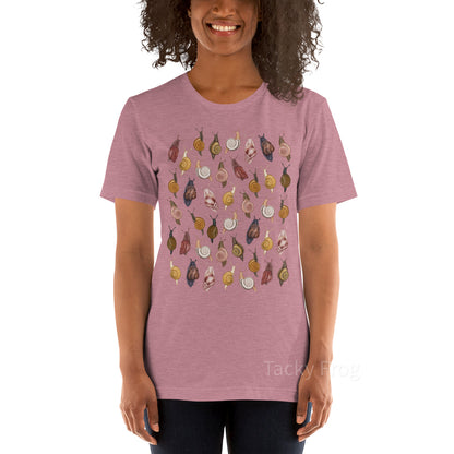 A mockup of the snail t-shirt in the color "heather orchid".