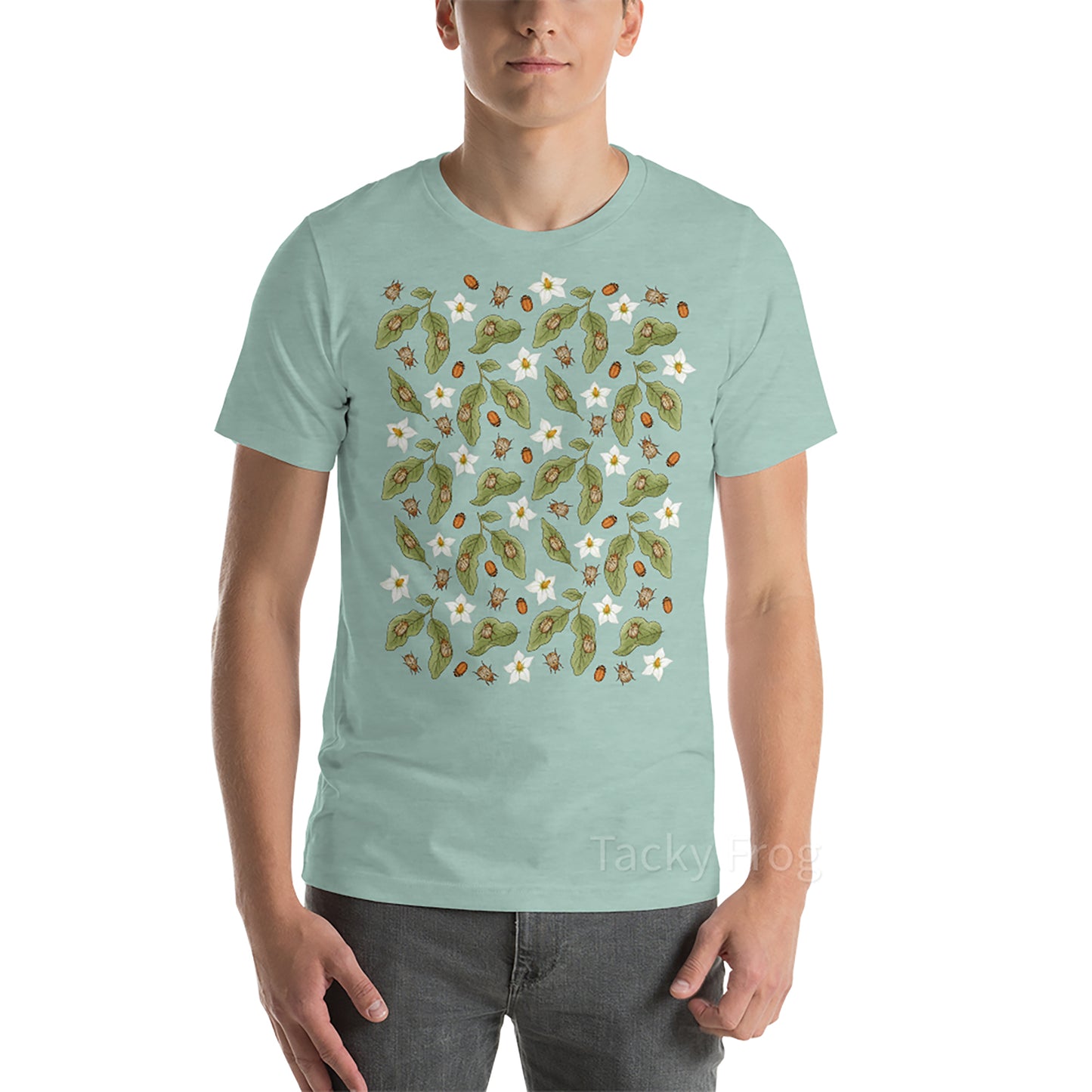 A mockup of the potato beetle shirt in the color "heather prism dusty blue".