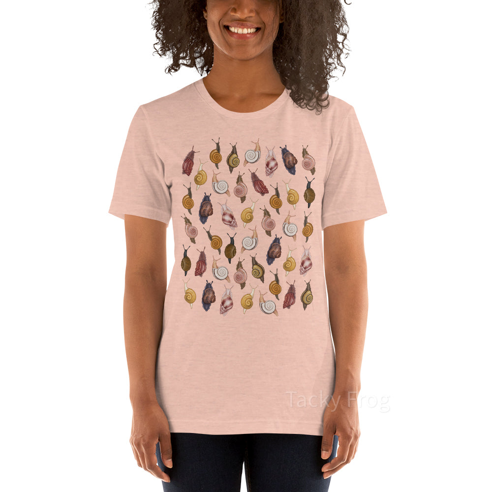 A mockup of the snail t-shirt in the color "heather prism peach".