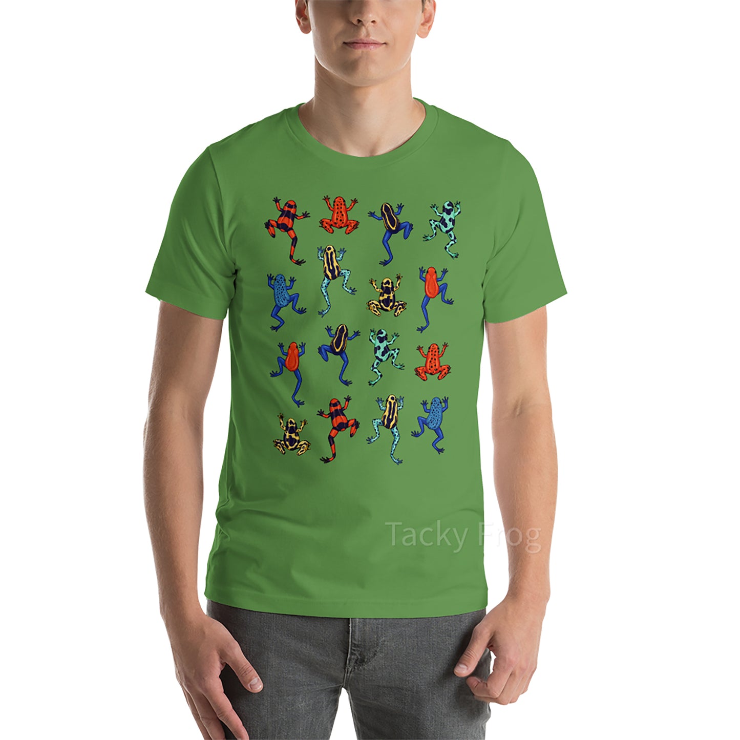 A mockup of the dart frog shirt in the color "leaf".