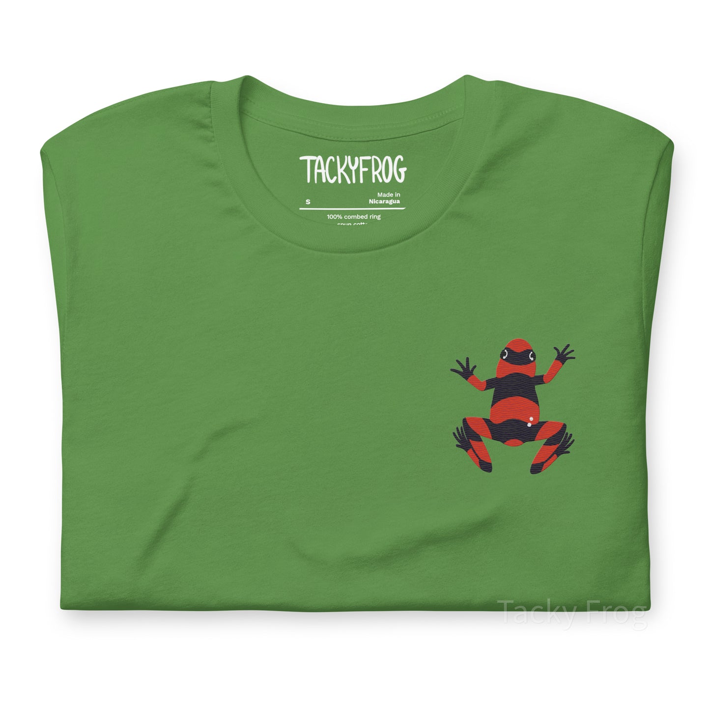 A mockup of the dart frog embroidered shirt in the color "leaf".