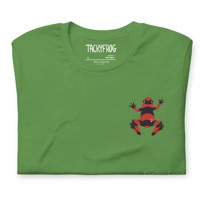 A mockup of the dart frog embroidered shirt in the color "leaf".