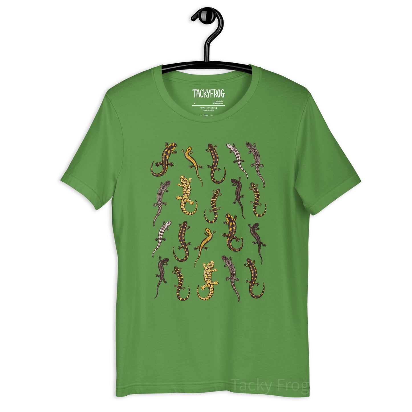 A mockup of the salamander t-shirt in the color "leaf".