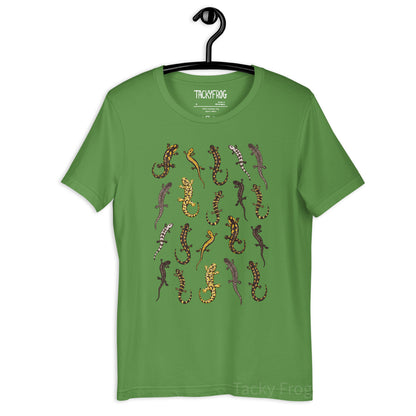 A mockup of the salamander t-shirt in the color "leaf".