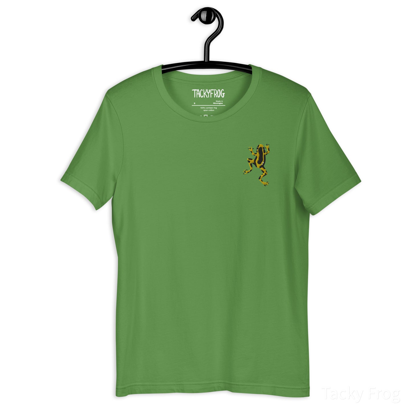 A mockup of the yellow dart frog embroidered shirt in the color "leaf".