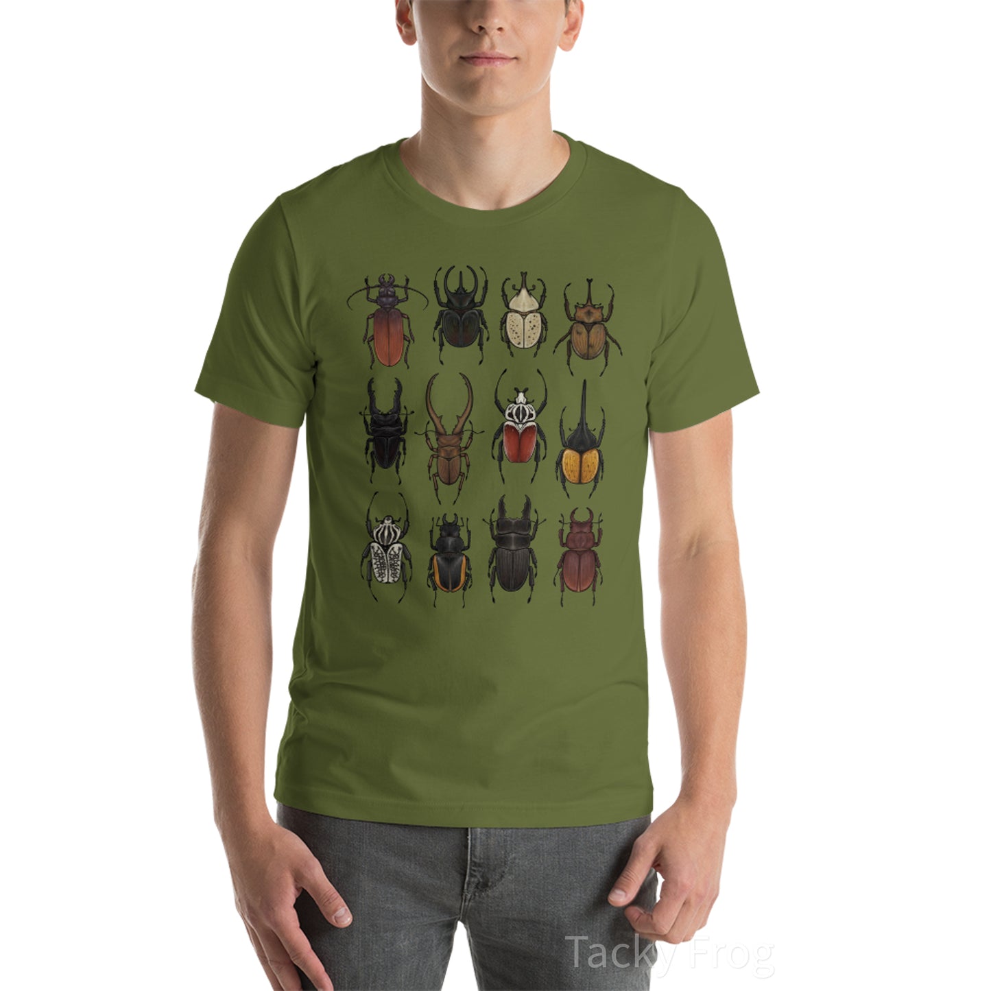 A mockup of the beetle unisex t-shirt in the color "Olive".