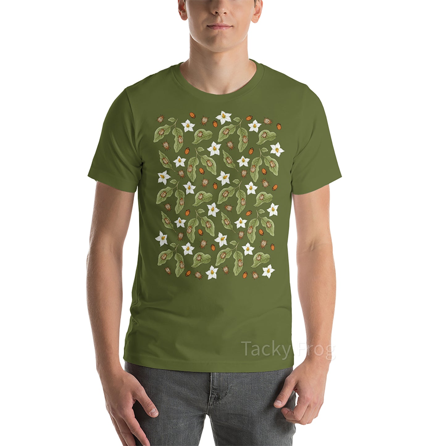 A mockup of the potato beetle shirt in the color "olive".