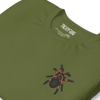 A mockup of the tarantula embroidered shirt in the color "olive".