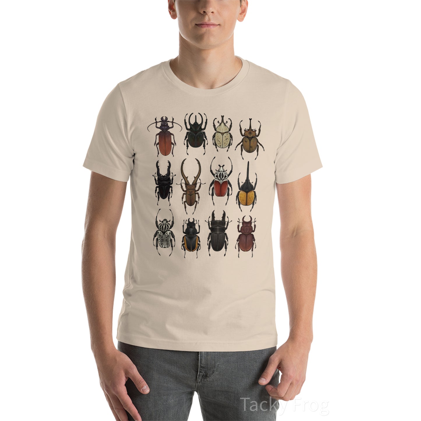 A mockup of the beetle unisex t-shirt in the color "Soft Cream".