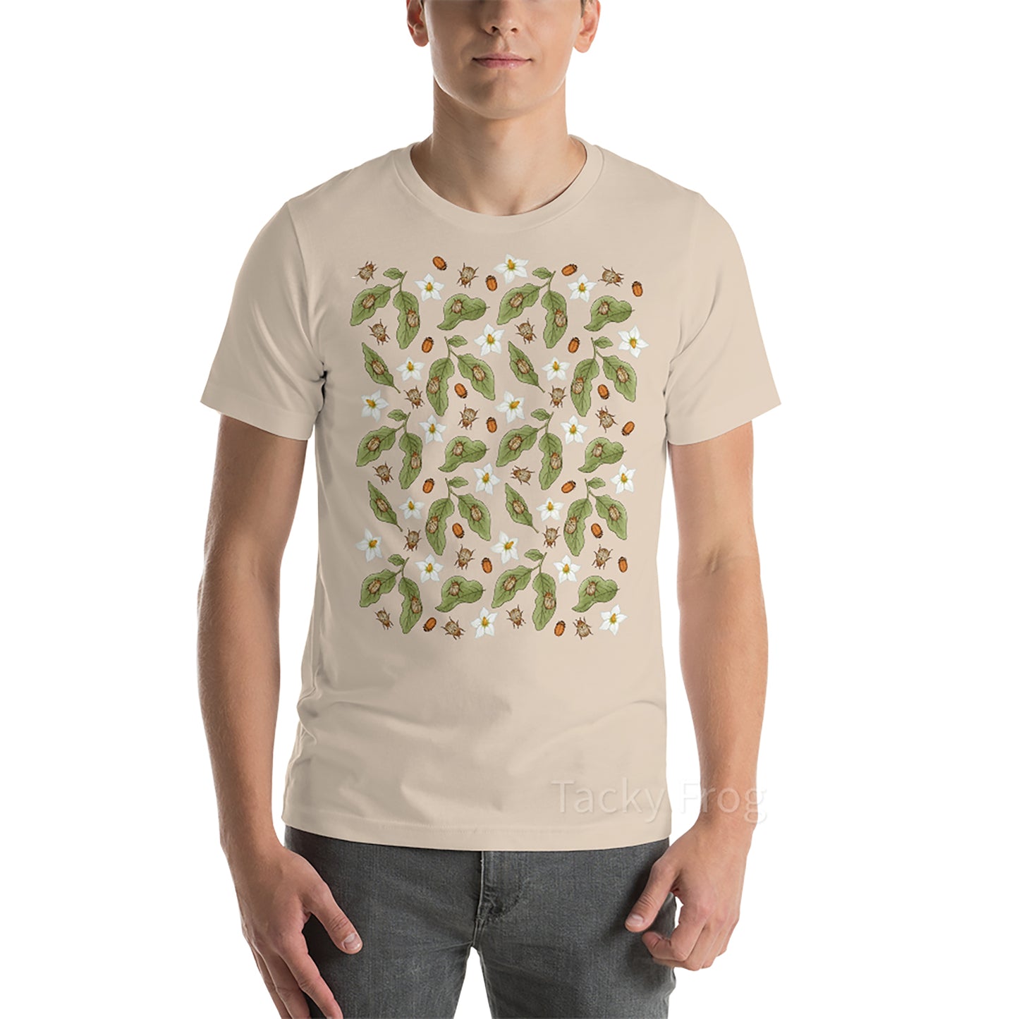 A mockup of the potato beetle shirt in the color "soft cream".