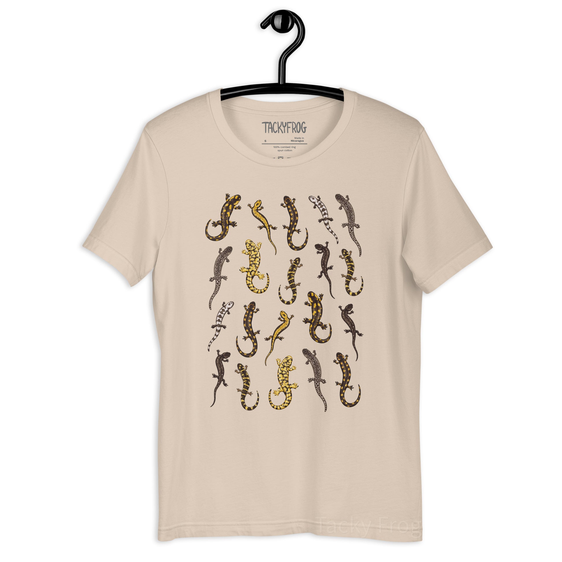 A mockup of the salamander t-shirt in the color "soft cream".